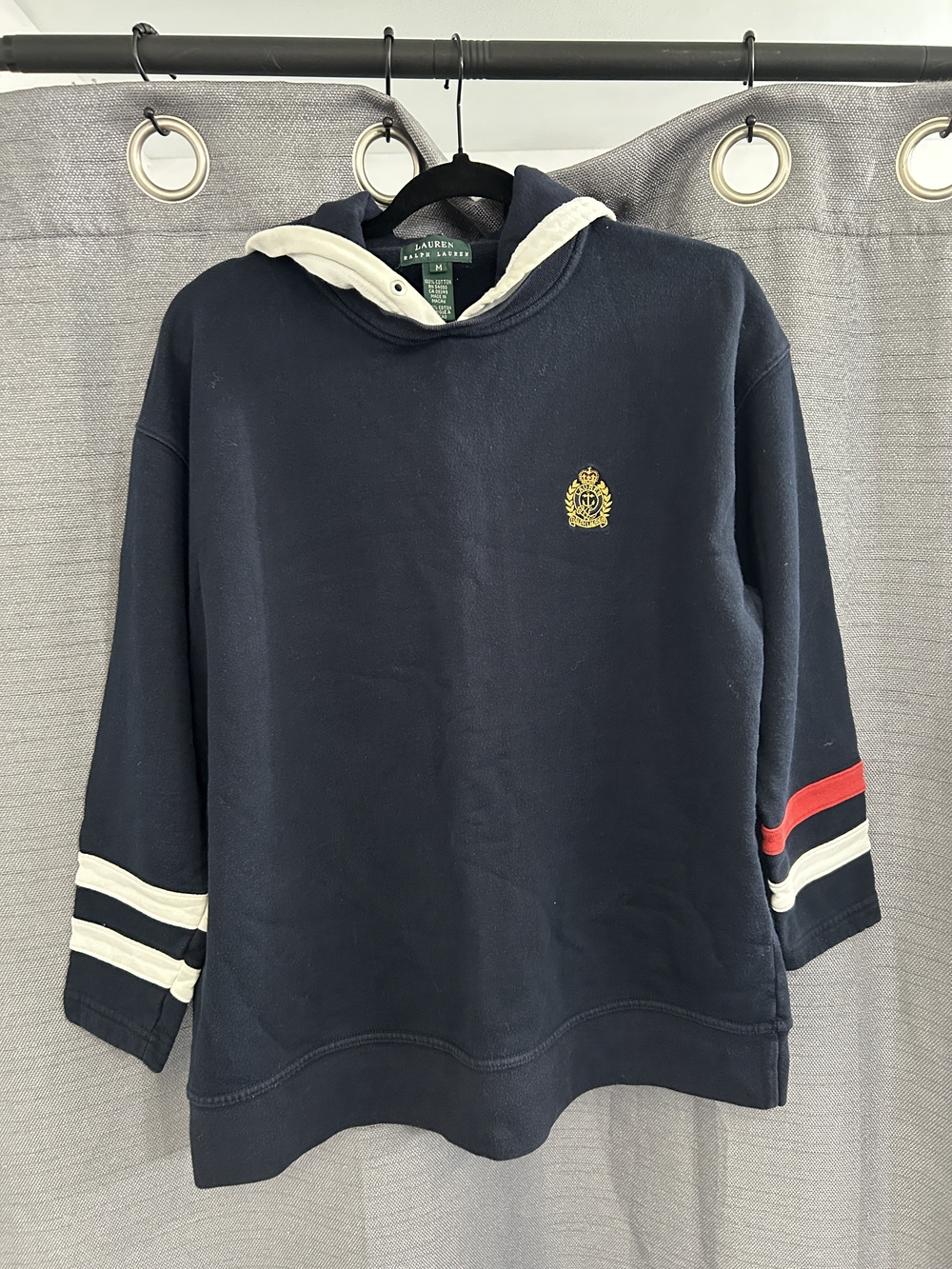 Ralph Lauren Navy Hoodie with Crest and Stripe Accents